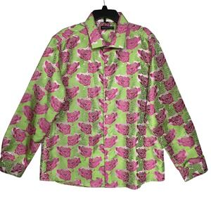 Barry Wang Shirt Men's XL Silk Blend Jacquard Floral Flower Print Long Sleeve